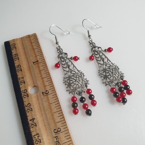 Metal Filigree Chandelier Earrings With Red Black Beads Dangling Hook Design - Picture 3 of 5
